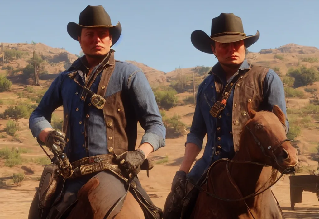 Image similar to elon musk in the red dead redemption 2, elon musk in the video game red dead redemption 2, gameplay screenshot, close up, 3 d rendering. unreal engine. amazing likeness. very detailed.