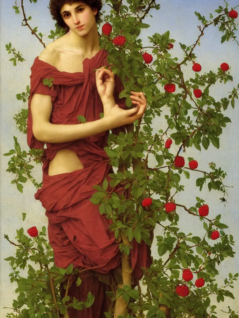 Prompt: perfect male young man in a field of flowers and wild thorns and berries and raspberries, by bouguereau and by andrey remnev