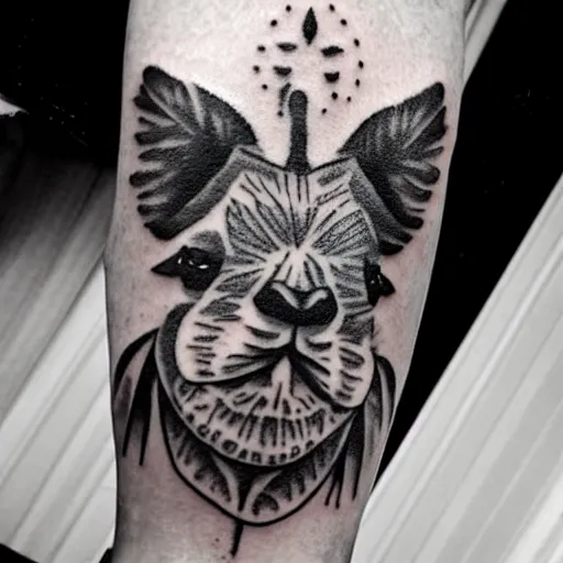 Image similar to tattoo idea of a alpaca face on a monstera leaf