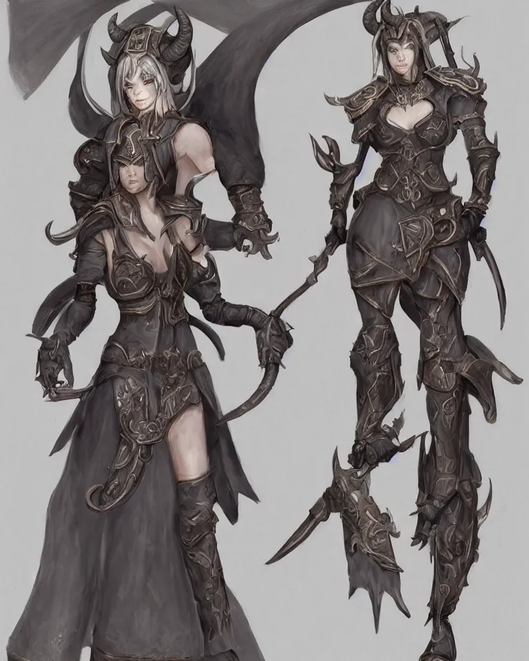 Prompt: female character concept art of tiefling cleric gunslinger holding pistol wearing a nun veil with demon horns on top, full body, grey skin, fine detailed painting, demon tail, blue cleric priestess robe with golden embroidery, final fantasy character art style, game character design, dark fantasy