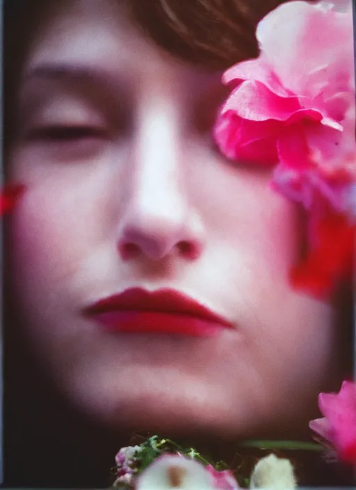 Image similar to extra close-up, color film photography, portrait of beautiful creature with flowers in heads, in style of nan goldin, 35mm, film photo