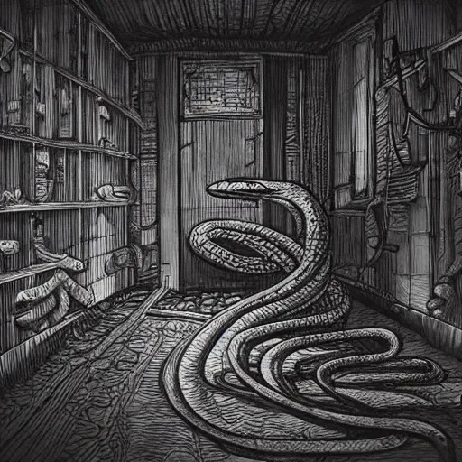 Prompt: snake inside creepy scary nightmare atmosphere, realsitic