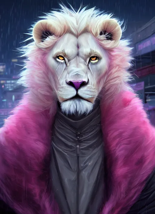 Image similar to aesthetic portrait commission of a of a male fully furry muscular anthro albino lion with a tail and a beautiful attractive hyperdetailed face wearing stylish and creative unkempt black and pink wired clothes in a sci-fi dystopian city at golden hour while it storms in the background. Character design by charlie bowater, ross tran, artgerm, and makoto shinkai, detailed, inked, western comic book art, 2021 award winning painting