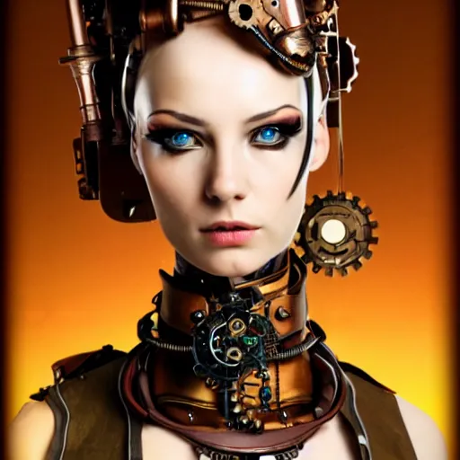 Prompt: close - up portrait of a beautiful female steampunk android in the style of ex the fifth element