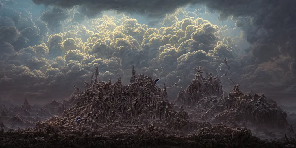 Prompt: ominous swirling cumulonimbus clouds, dusk, in the style of Doom, insanely detailed and intricate, golden ratio, elegant, ornate, unfathomable horror, elite, ominous, haunting, matte painting, cinematic, cgsociety, Andreas Marschall, James jean, Noah Bradley, Darius Zawadzki, vivid and vibrant