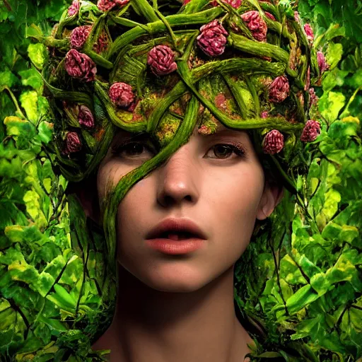 Image similar to giant humanoid Mother Nature made of vines and leaves and a crown made of flowers towering over a tropical island, Dramatic Lighting, Trending on Artstation HQ, 4K, UHD.