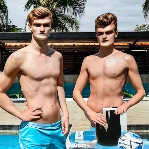 Prompt: a realistic detailed photo of a guy who is an attractive humanoid who is half robot and half humanoid, who is a male android, soccer players martin ødegaard & timo werner, shiny skin, posing like a statue, blank stare, by the pool, on display, showing off his muscles