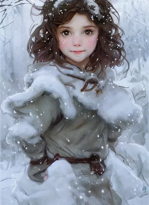 Prompt: A cute little girl with shoulder length curly brown hair and blue eyes and a hair expression. She is standing in a snowy forest trying to catch snowflakes. beautiful fantasy art by By Artgerm and Greg Rutkowski and Alphonse Mucha, trending on artstation.