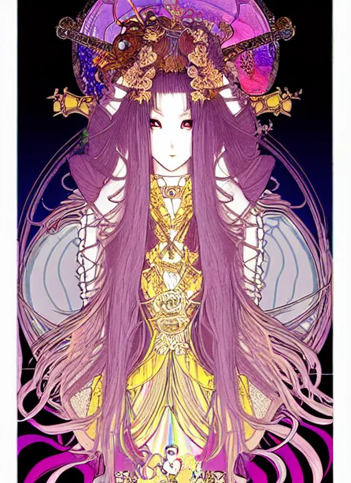 Image similar to highly detailed terada katsuya legend of the cryptids atrstation manga poster of princess mechine, anotherwanderer, rainbow gradient reflection, long hair, armor, dress, laces, ruffles, 8 k, maximalist, golden ratio, alphonse mucha