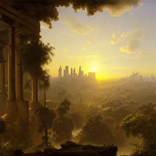 Image similar to vista of a city at sunset, the city is a sprawling renaissance city that is built in the hills of a bay amidst cyclopean tombs and overgrown by the rainforest, rpg, hubert robert, cityscape, vista, dying earth, gene wolfe