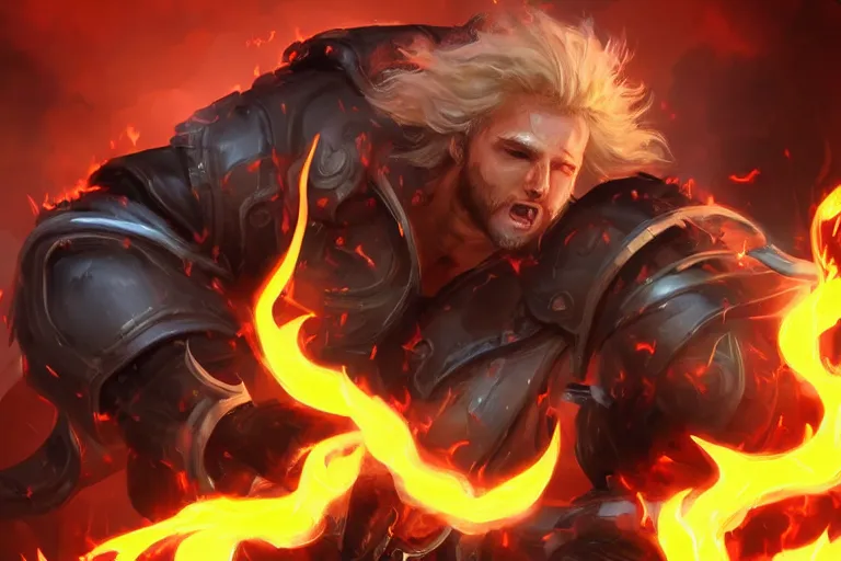 Prompt: Digital art of Lucius with fluffy curly blond hair, throwing a wild fire blast from his hands, with a vicious smile in face. Genetically engineered super soldier in a scorched land with a black roiling sky. Epic artstation league of legends splash art