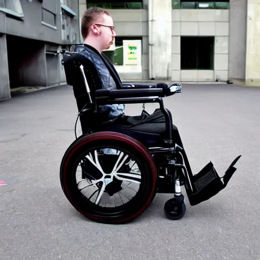 Image similar to a cyberpunk electric wheelchair with a computer stand