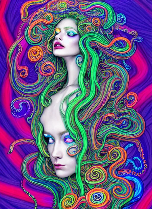 Image similar to A sea goddess with colorful tentacles hair having an extremely colorful psychedelic experience, warping time and space, magic mushrooms, psilocybin, LSD, face, detailed, intricate, elegant, highly detailed, digital painting, artstation, concept art, smooth, sharp focus, illustration, art by Krenz Cushar, Artem Demura, alphonse mucha and beeple, Octane render, unreal engine, 8K