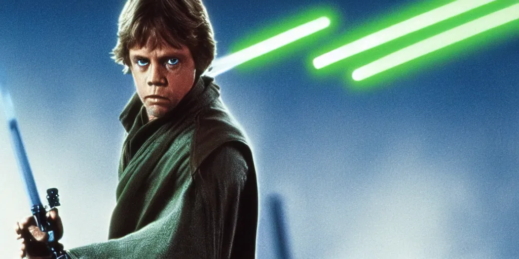 Image similar to Luke Skywalker Return of the jedi played by Mark Hamill 1983, standing alone, full body shot, motion blur, sequel trilogy 80s, green lightsaber, heroic pose, ultra realistic, 4K, movie still, UHD, sharp, detailed, cinematic, render, modern