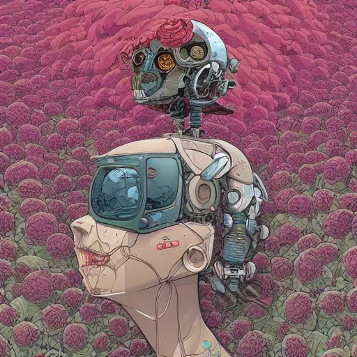 Image similar to hyper detailed comic illustration of a beautiful flower growing inside an abandoned robot\'s head, by Josan Gonzalez and Geof Darrow, highly detailed, 8k wallpaper