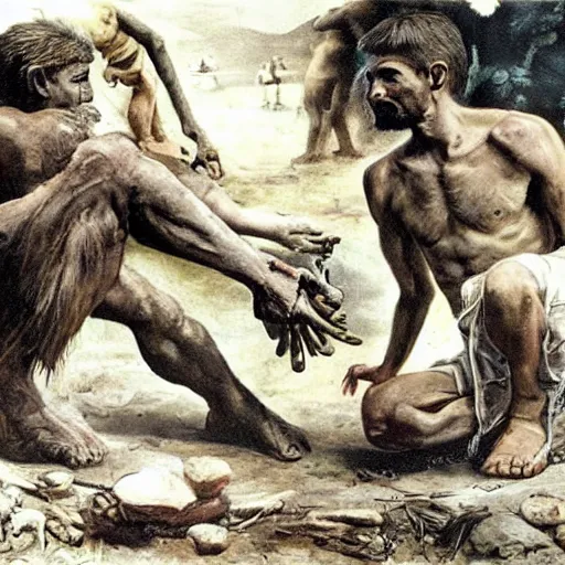 Prompt: historical picture war between homo sapien and neanderthal