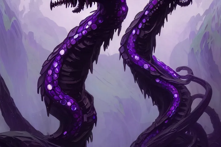 Image similar to concept art of a crystal hydra, d & d creature, by greg rutkowski and alphonse mucha, gradient black to purple, monoliths in a dark forest background, highly detailed, digital painting, artstation, concept art, smooth, sharp focus illustration, artstation hq