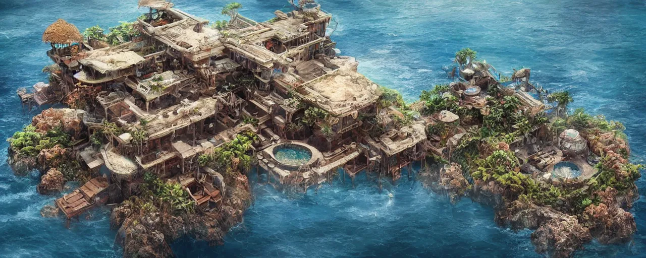 Prompt: an intricate concept art of a tribal pearl farm house in the ocean, artstation, photorealistic movie still, sci - fi, hyper realistic, concept art, art by dylan cole, feng zhu, artgerm, greg rutkowski, cinematic lighting, octane render