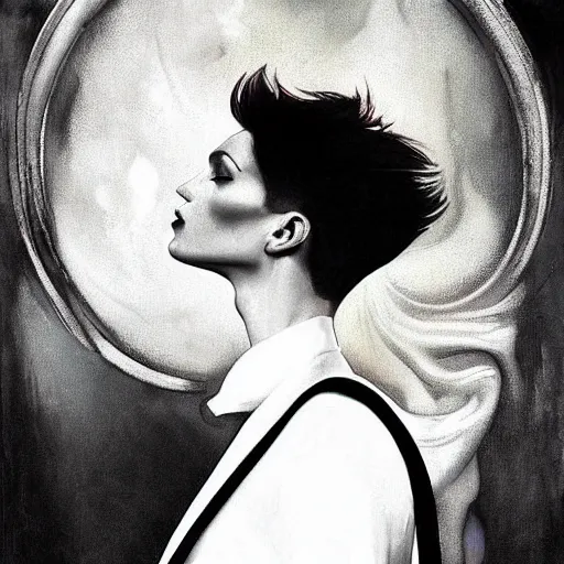 Prompt: stunning portrait of androgynous ruby rose as desire from sandman in a white tuxedo!!!, rockabilly style,, by alphonse mucha, by jeremy mann, by peter lindbergh, dave mckean, by mikko lagerstedt, by frank moth, white suit and black tie, soft lightning, high detailed, 8 k