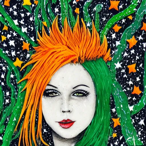 Prompt: Picture of punk-rocker with orange hair in green forest made of stars very Detailed