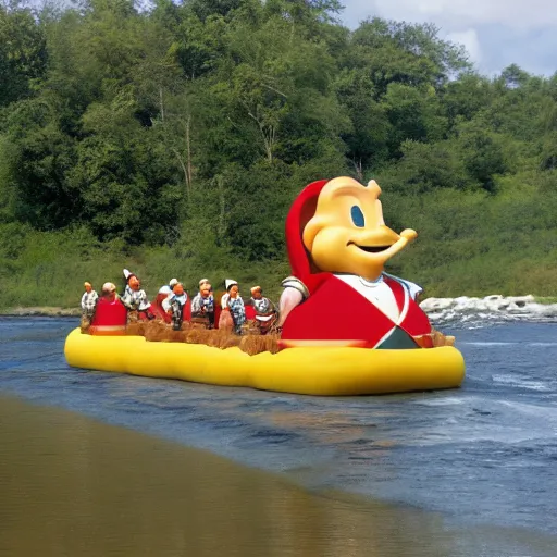 Image similar to donald dwarfs carrying a large party sub across a river,