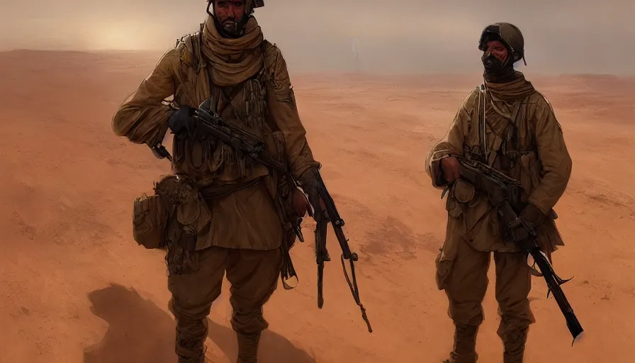 Image similar to beautiful digital painting of a soldier in a trench waiting for the war to end, in the sahara desert. cinematic lighting, atmospheric, concept art by artgerm and greg rutkowski,,