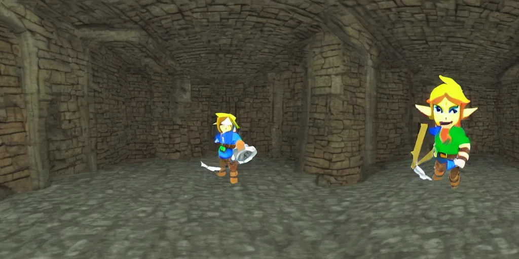 Prompt: Link entering a dungeon in legend of zelda, go pro footage