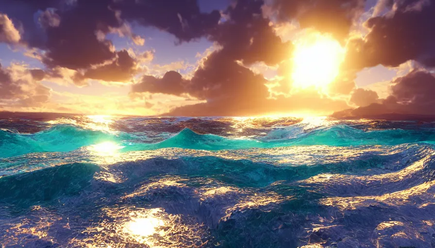 Image similar to beautiful crystal water sea with big breaking waves, sandy beach in the foreground, sun in the sky, hyperdetailed, artstation, cgsocitety, 8 k