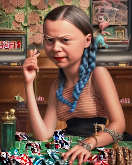 Image similar to closeup profile portrait of a tin toy greta thunberg as a 1 9 3 0 s gangster's moll in a gambling den, bikini, hyper realistic, artstation, illustration, nicoletta ceccoli, mark ryden, lostfish, max fleischer, digital paint, matte paint, vivid colors, bright, cheerful, detailed and intricate environment