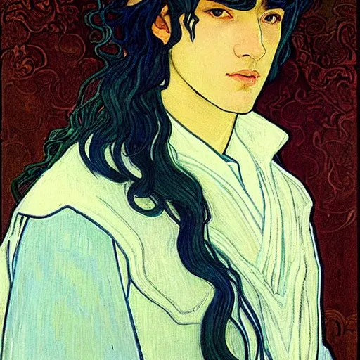 Image similar to portrait painting of young handsome beautiful paladin elf!! man with long! wavy dark hair in his 2 0 s named taehyung minjun james at the blueberry party, wearing armor!, gorgeous hair, elf ears, blueish eyes, icy eyes, elegant, cute, delicate, soft facial features, art by alphonse mucha, vincent van gogh, egon schiele,