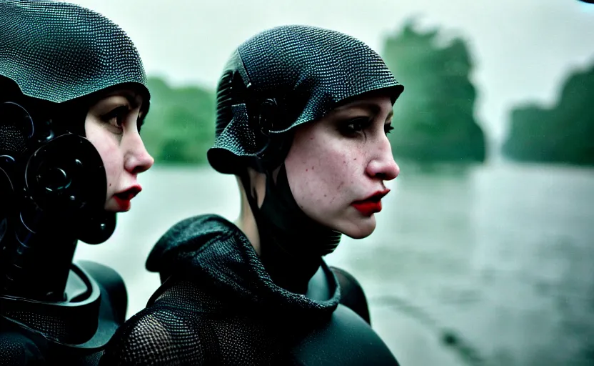 Image similar to cinestill 5 0 d candid photographic portrait by helen levitt of two loving female androids wearing rugged black mesh techwear in treacherous waters, extreme closeup, modern cyberpunk moody emotional cinematic, pouring rain, 8 k, hd, high resolution, 3 5 mm, f / 3 2, ultra realistic faces, ex machina
