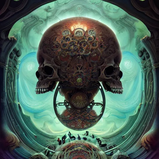 Prompt: gigantic skull of evil screaming, metal, perfect symmetry, mandala, fantasy painting, ultra realistic, wide angle, art nouveau, intricate details, digital painting, rainbowshift, vivid colors, highly detailed by peter mohrbacher, h. r. giger, maxfield parrish, craig mullins, octane render, cgi