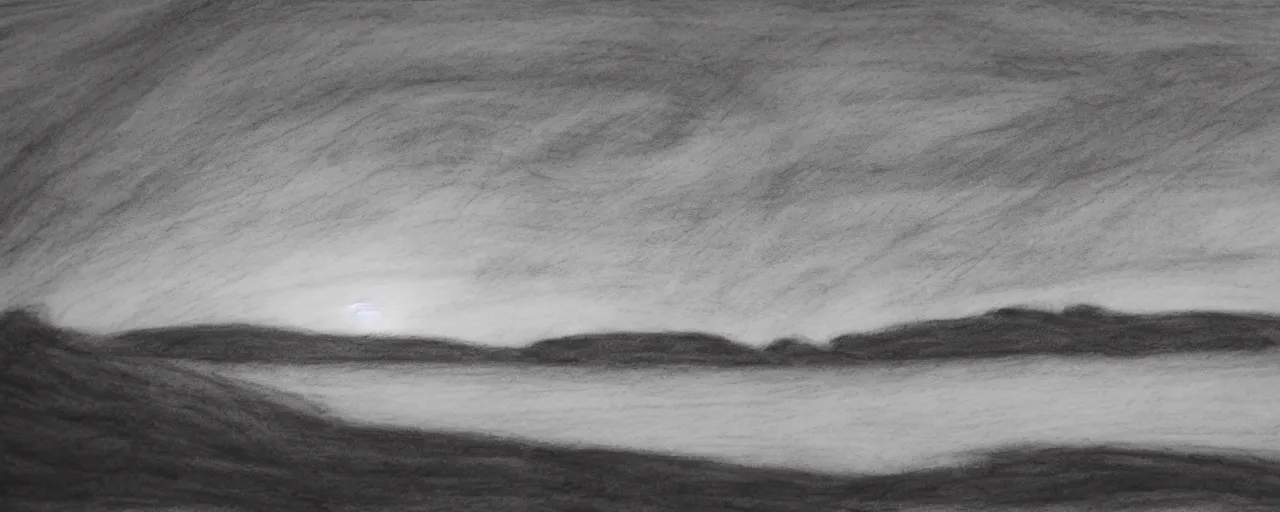 Prompt: charcoal drawing of landscape at sunrise on a scroll