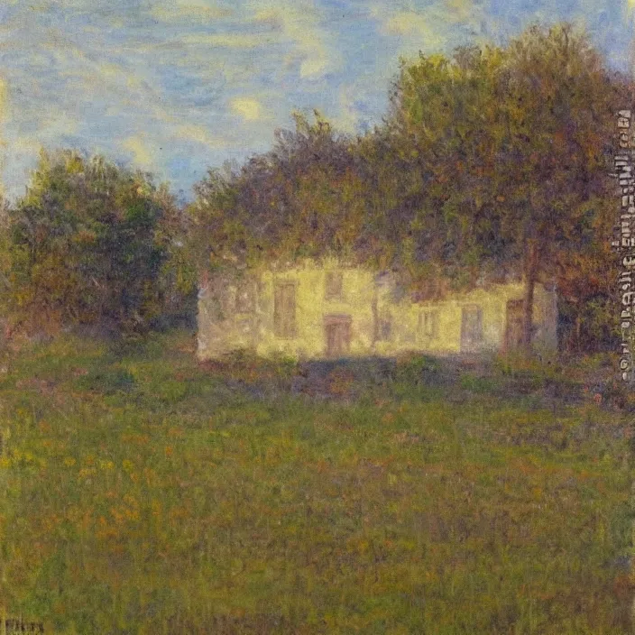 Image similar to a building in a serene landscape, impressionism