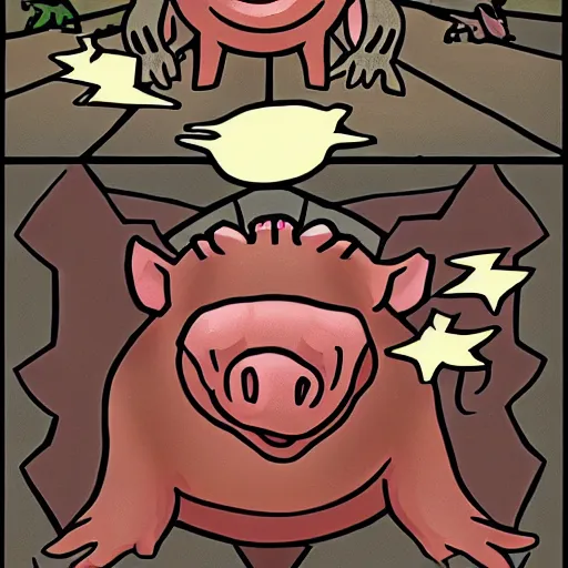 Prompt: a hyper realistic of a giant hog man summoning a mini devil pig while a rat army runs away