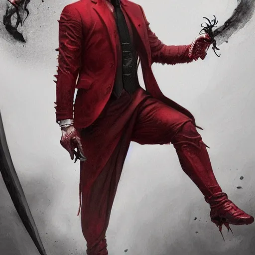 Image similar to portrait of aamir khan upper body in bloody business suit, blood red eyes, vampire fangs, fantasy, intricate, elegant, highly detailed, digital painting, artstation, concept art, matte, sharp focus, illustration, art by aenaluck and roberto ferri and greg rutkowski, epic fantasy, digital painting