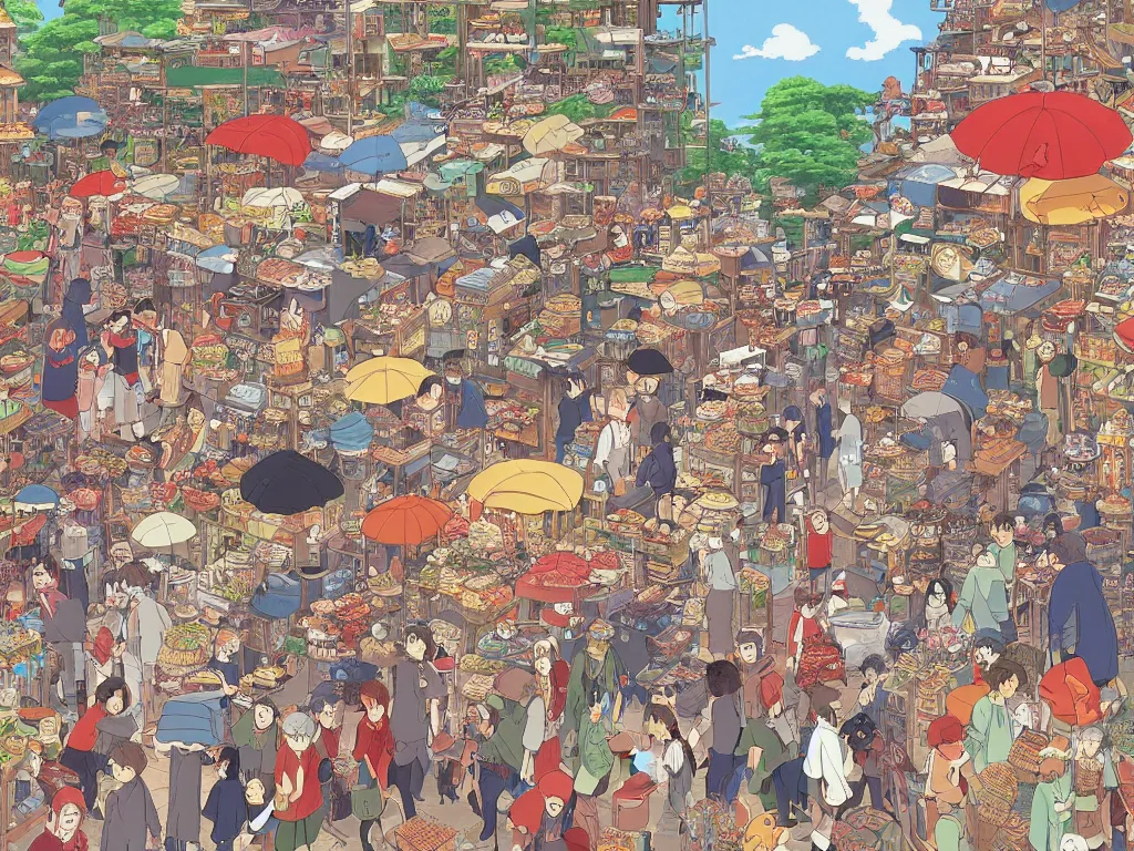 Image similar to ghibli version of where is waldo in open door market, detailed, high quality, high resolution, color illustration by hayao miyazaki