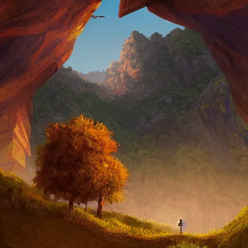 Image similar to a traveler on a mountain overlooking a castle in a valley, game art, digital painting, golden hour,