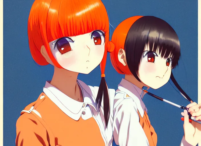 Prompt: anime girl with orange short hair in the form of two pigtails in the Soviet pioneer form,omoide emanon, tsuruta kenji, murata range,kawaii, kyoto animation, manga,katsura masakazu, intricate, detailed, studio lighting, gradation,editorial illustration, matte print, Ilya Kuvshinov