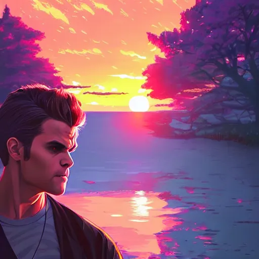 Image similar to Paul Wesley, sunset background, intricate, highly detailed, digital painting, artstation, official media, anime key visual, concept art, rich vivid colors, ambient lighting, sharp focus, illustration, art by Artgerm, Makoto Shinkai, Ilya Kuvshinov, Lois Van Baarle, and Rossdraws