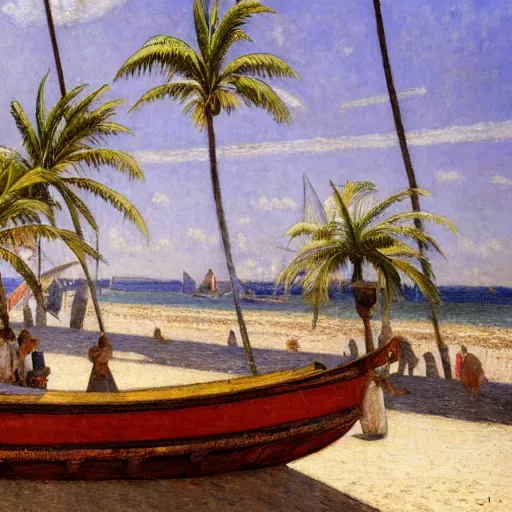 Prompt: a ultradetailed beautiful painting of a old boat in the amazonas palace balustrade designed by jules bastien - lepage, tarsila do amaral, frank weston and gustave baumann, beach, trending on artstation, mediterranean, palm trees, sharp focus, soft light, 8 k 4 k