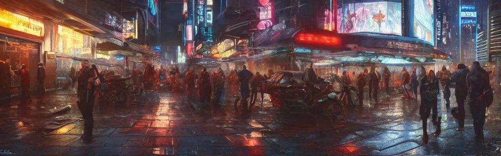 Image similar to a busy cyberpunk street marketplace with a heavy police presence. night, raining, 8 k, epic cinematic hyperrealism masterpiece. realistic poster with shaded lighting by craig mallismo, artgerm, jeremy lipkin and michael garmash, unreal engine, radiant light, detailed and complex environment, digital art, art station trends, detailed, lens flare, motion blur