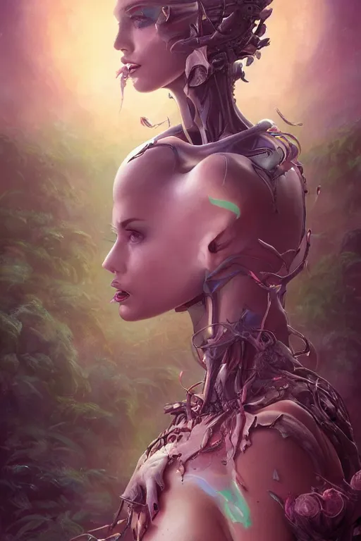 Image similar to digital portrait of an eloquent alien plant queen, straight on, full body character concept art, concept art, by artgerm, tom bagshaw, gerald brom, vaporwave colors, lo fi colors, vaporwave, lo fi, 4 k, hd, rendered with substance designer, small details,