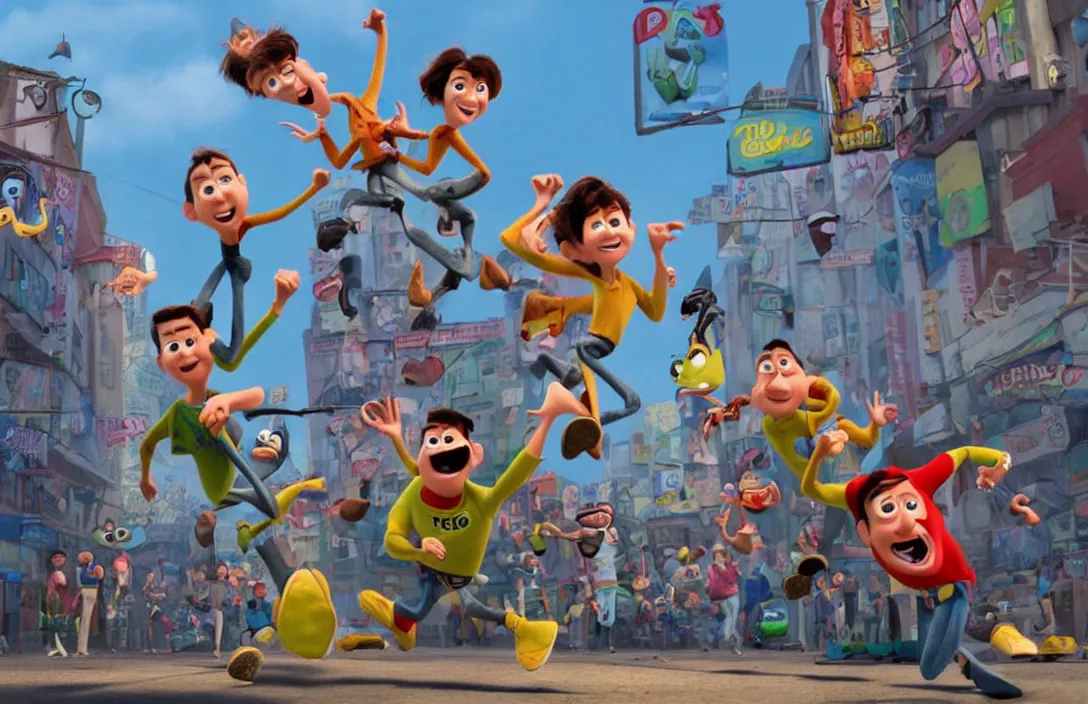 Image similar to pixar movie about kids violently robbing stores, 3 d animation, pixar style, disney, movie still frame