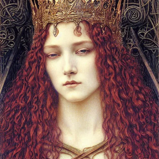 Image similar to detailed realistic beautiful young medieval queen face portrait by jean delville, gustave dore and marco mazzoni, art nouveau, symbolist, visionary, gothic, pre - raphaelite