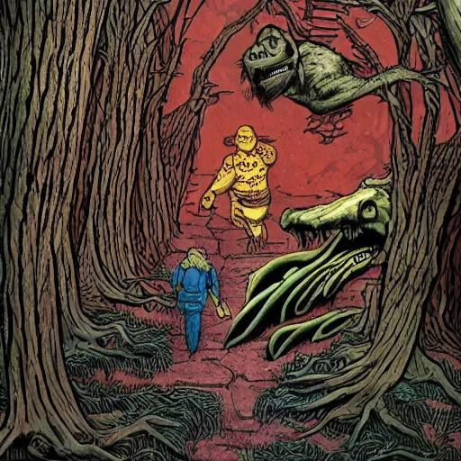 Image similar to sci - fi, hunters of monsters walking in a meat and bone forest, art by oscar chiconi