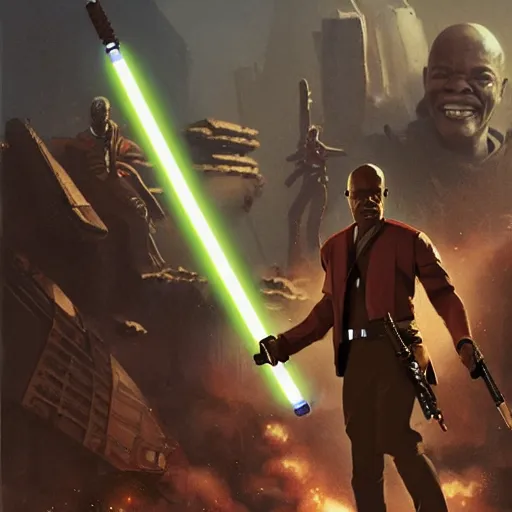 Image similar to a realistic portrait of mace windu holding a lightsaber fighting a group of dinosaurs in a destroyed cyberpunk city with lasers flying through the air by greg rutkowski