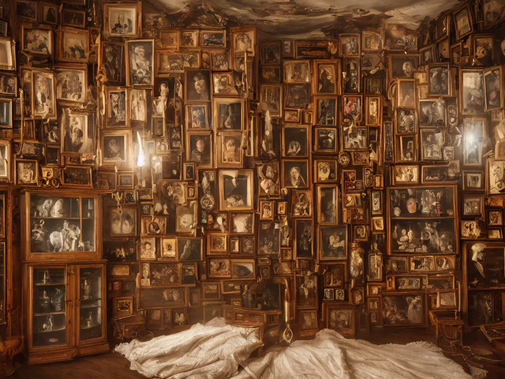 Image similar to the walls of an old victorian cabinet of curiosities full of georgian lover's eyes, eye miniature, shadowed room, small windows, volumetric light, dust, richard cosway, george engleheart, norbert ghisoland, gregory crewdson, erwin olaf, 4 k,