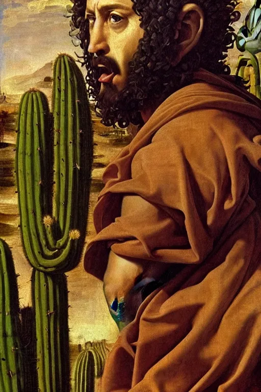 Prompt: renaissance painting of evil men, portrait, angry face closeup, emotions closeup, dressed in spartan armour, the beautiful garden with cactus bush everywhere, ultra detailed, art by guido reni style, vincenzo catena style
