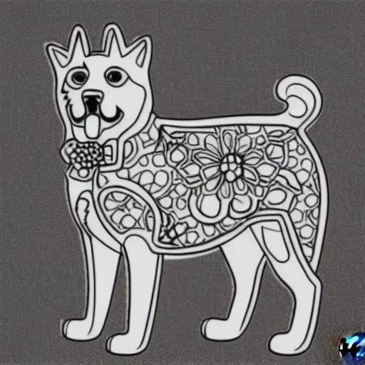 Prompt: Shiba Inu coloring book page, black and white